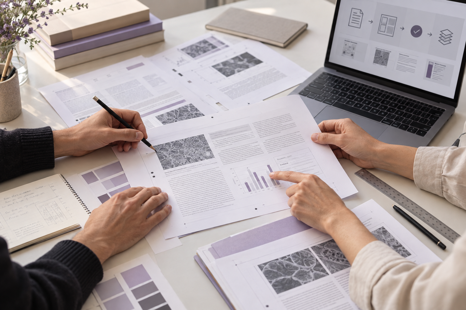 Equipo editorial revisando pruebas de una publicación científica y su flujo de producción digital