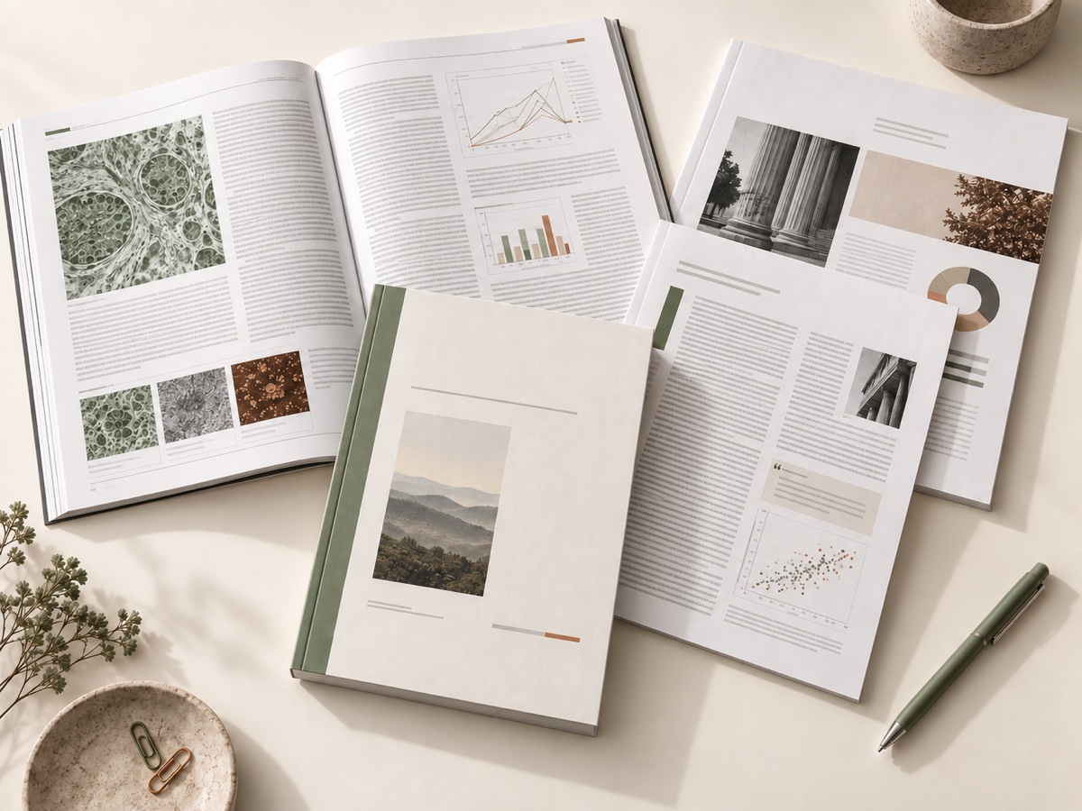 Conjunto de revistas científicas, artículos académicos, una monografía y un informe editorial